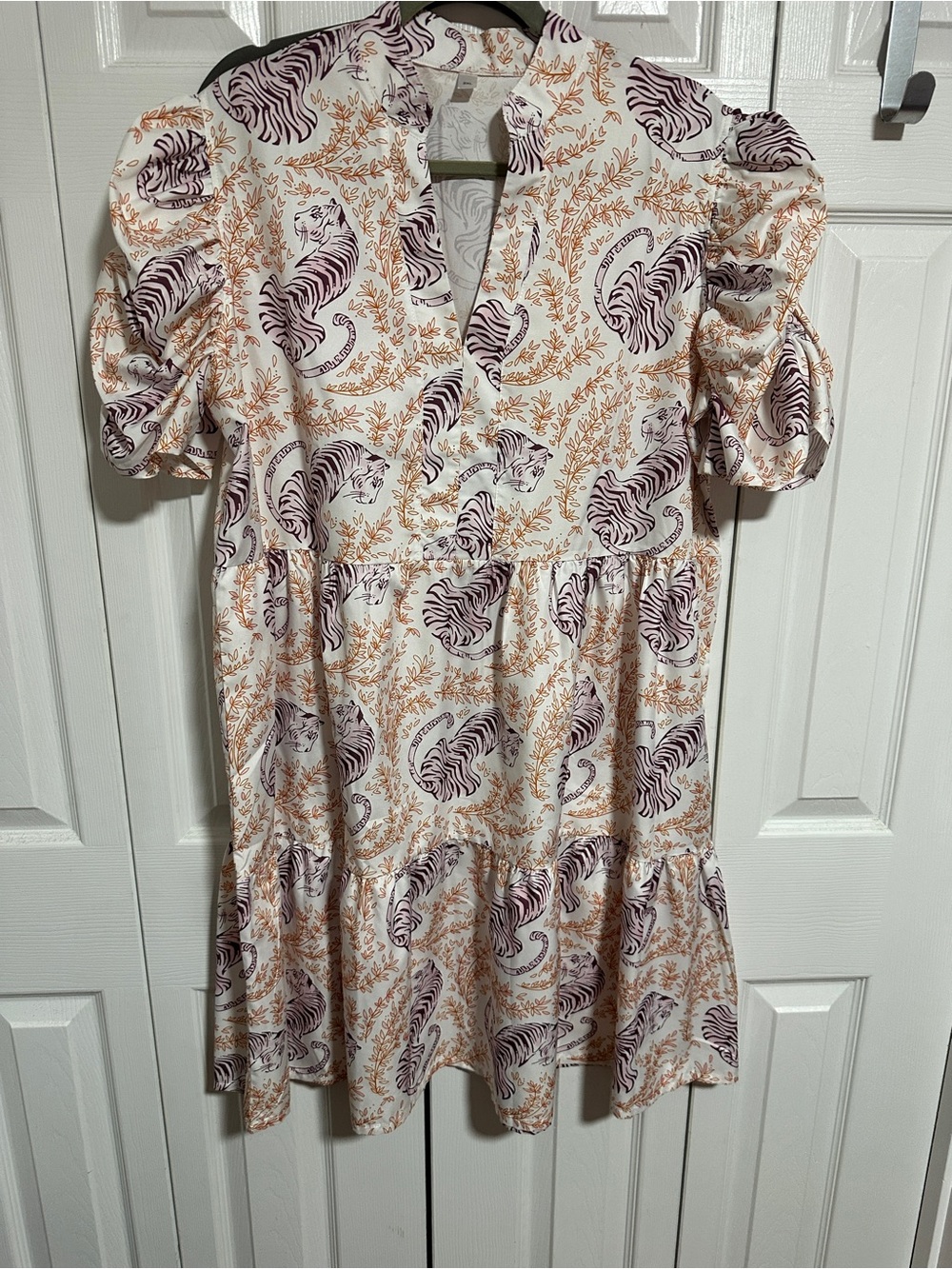 Ivory Tiered Dress with Maroon Tiger Print and Rust Foliage
